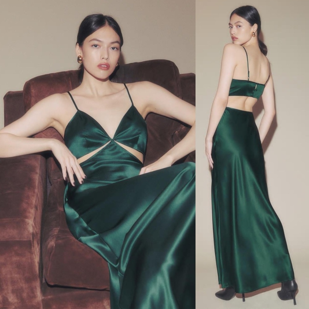 Reformation Poppies Silk Cutout Maxi Dress Forest Green NEW with tags